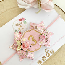 Load image into Gallery viewer, Pink and Gold Birthday Hair Bow Headband or Clip
