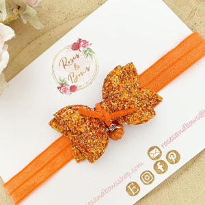 Orange Pumpkin Charm Glitter Bow Headband or Clip