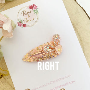 Peach rhinestone Dainty Bunny Ears Easter Snap Clip