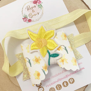 Daffodil embroidered Felt Leatherette and Glitter Bow Headband or Clip