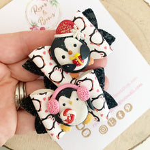 Load image into Gallery viewer, Penguin pigtail bows- piggy bows - clip set - Christmas glitter bows
