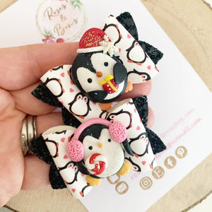 Penguin pigtail bows- piggy bows - clip set - Christmas glitter bows