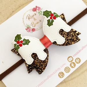 Christmas Pudding Glitter Bow Headband or Clip