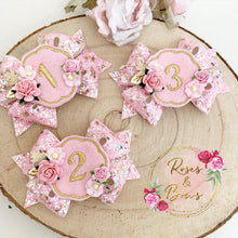 Load image into Gallery viewer, Pink and Gold Birthday Hair Bow Headband or Clip
