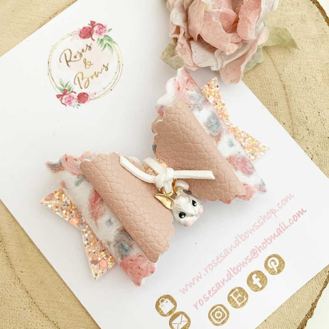 Easter Bunny Peach and White Floral Charm Glitter Bow Headband or Clip