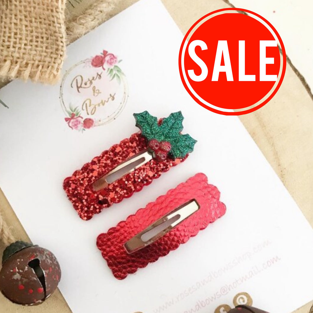 Christmas Red Glitter and Leatherette scalloped snap clip set