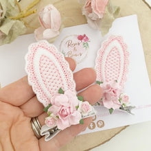 Load image into Gallery viewer, Pink and White Stand Up Bunny Ear Clips - Easter Bunny Clips
