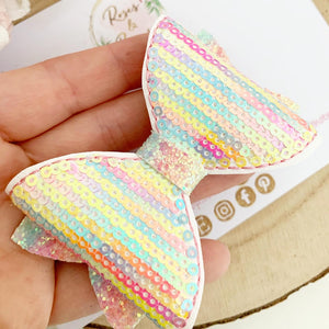 Rainbow sequin embroidered Leatherette and Glitter Bow Headband or Clip