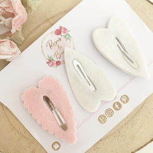 Monochrome and blush heart leatherette scalloped snap clip set