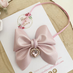 Pink Heart Charm Leatherette Sailor Bow Headband or Clip