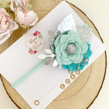 Load image into Gallery viewer, Felt flower clip or headband - aqua and silver flower headband
