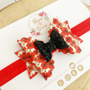 Poppy Glitter Bow Headband or Clip