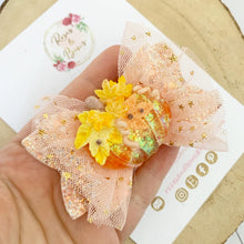 Load image into Gallery viewer, Orange Peach Pumpkin Tulle Glitter Bow Headband or Clip
