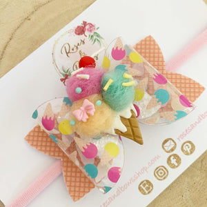 Ice Cream Transparent Glitter Bow Headband or Clip