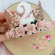 Load image into Gallery viewer, Rose Gold and blush birthday crown - glitter party hat - cake smash prop - birthday accessory
