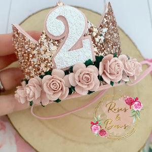 Rose Gold and blush birthday crown - glitter party hat - cake smash prop - birthday accessory