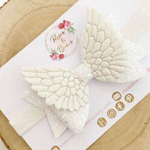 Angel Wings White Glitter Hair Bow Headband or Clip