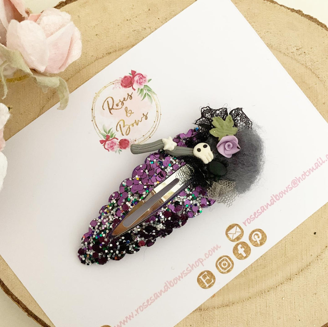 Witch broom stick glitter large snap clip