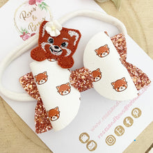 Load image into Gallery viewer, Red Panda Embroidered Leatherette and Glitter Bow Headband or Clip
