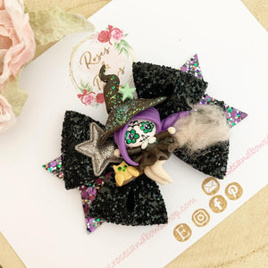 Flying witch Glitter Bow Headband or Clip