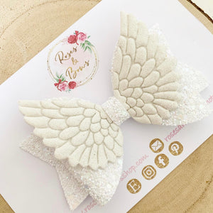 Angel Wings White Glitter Hair Bow Headband or Clip