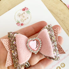 Load image into Gallery viewer, Pink Heart Glitter Hair Bow Headband or Clip Valentines
