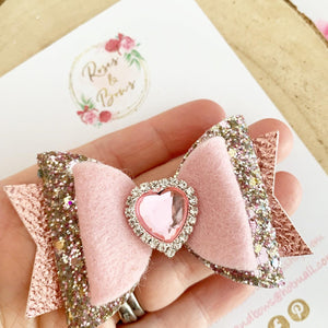 Pink Heart Glitter Hair Bow Headband or Clip Valentines