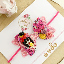 Load image into Gallery viewer, Pink Day of the Dead Glitter Bow Headband or Clip
