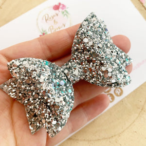 Silver Glitter Hair Bow - Glitter Hair Bow Hair Clip or Headband