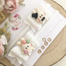 Load image into Gallery viewer, Mr and Mrs Bunny piggy bows - clip set - easter glitter bows
