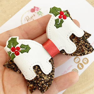 Christmas Pudding Glitter Bow Headband or Clip