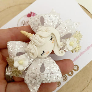 Winter Unicorn Hair Bow Headband or Clip