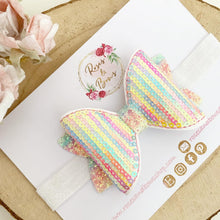 Load image into Gallery viewer, Rainbow sequin embroidered Leatherette and Glitter Bow Headband or Clip
