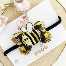 Load image into Gallery viewer, Bee Hair Bow Headband or Clip - black and Gold Glitter Hair Bow
