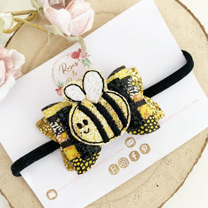 Bee Hair Bow Headband or Clip - black and Gold Glitter Hair Bow