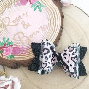 Leopard Heart Hair Bow Headband or Clip Transparent Valentine’s Bow with Charm