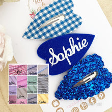 Load image into Gallery viewer, Personalised school gingham and glitter scalloped snap clip set
