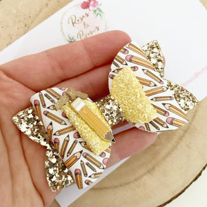 School Pencil Glitter Hair Bow Headband or Clip