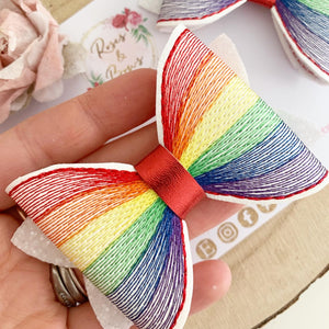 Bright Rainbow Embroidered Leatherette and Glitter Bow Headband or Clip