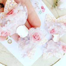 Load image into Gallery viewer, Peach Blush Floral Transparent Glitter Bow Headband or Clip
