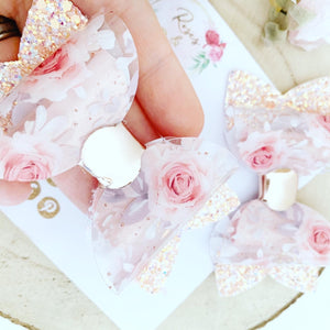 Peach Blush Floral Transparent Glitter Bow Headband or Clip