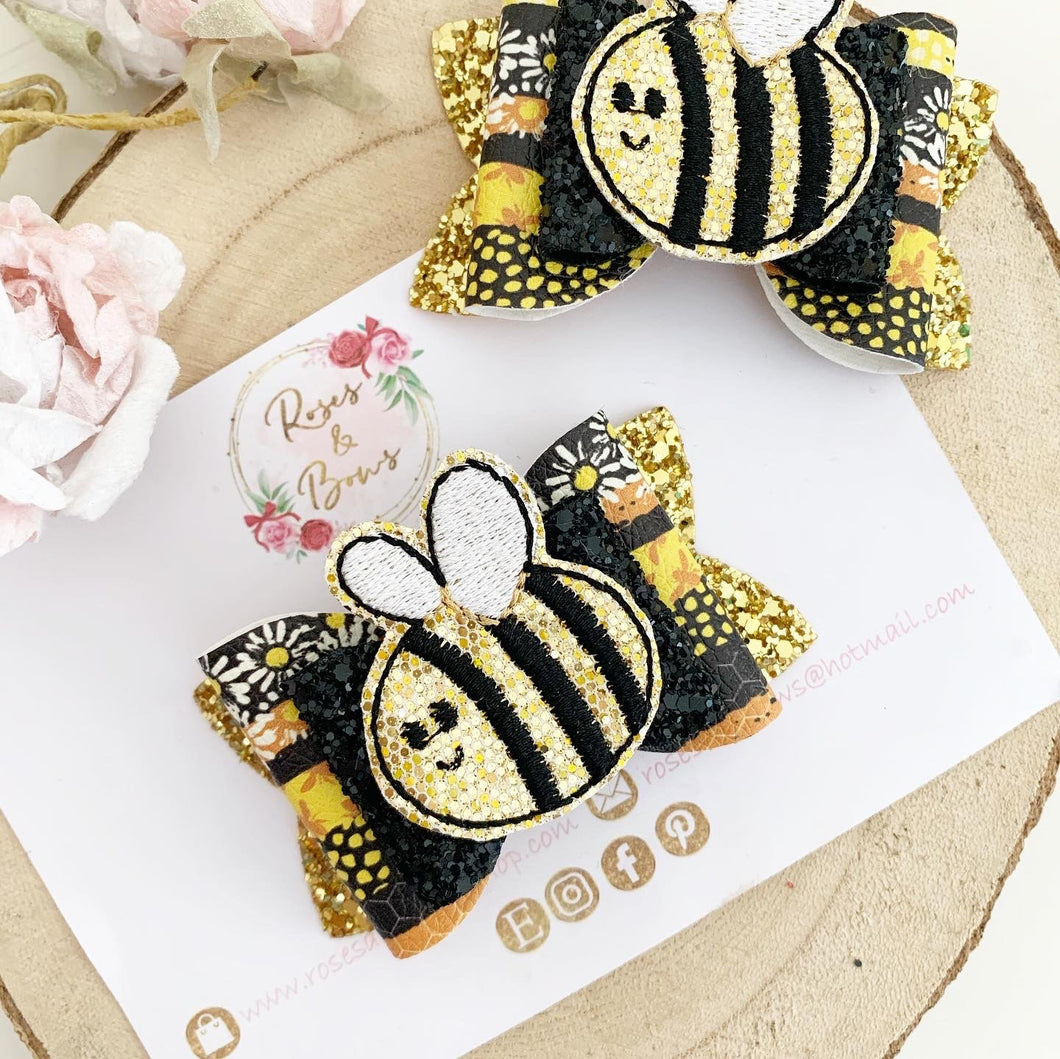 Bee Hair Bow Headband or Clip - black and Gold Glitter Hair Bow