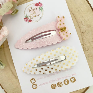 Pink and Gold Easter Bunny Large scalloped snap clip set