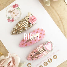 Load image into Gallery viewer, Valentines Pink and gold heart scalloped snap clip set
