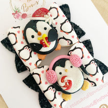 Load image into Gallery viewer, Penguin pigtail bows- piggy bows - clip set - Christmas glitter bows
