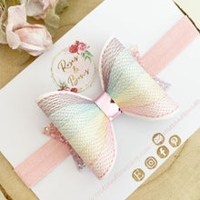 Load image into Gallery viewer, Rainbow Embroidered Leatherette and Glitter Bow Headband or Clip
