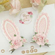 Load image into Gallery viewer, Pink and White Stand Up Bunny Ear Clips - Easter Bunny Clips
