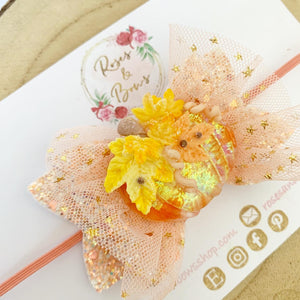 Orange Peach Pumpkin Tulle Glitter Bow Headband or Clip