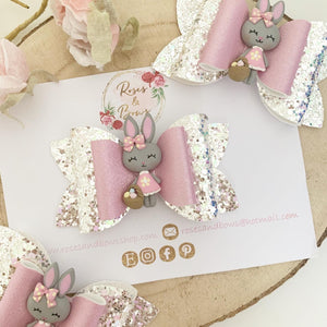 Easter bunny Silver and Pink Glitter Hair Bow Hair Clip or Headband