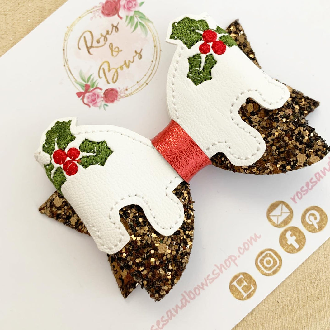 Christmas Pudding Glitter Bow Headband or Clip